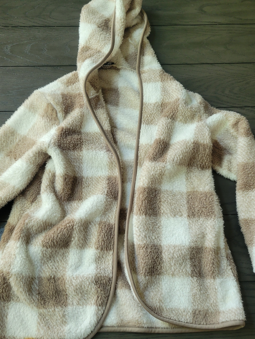 Knapp Studio Beige and Cream Plaid Sherpa Hooded Jacket
